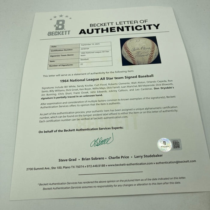 1964 All Star Game Team Signed Baseball Roberto Clemente Willie Mays Koufax PSA