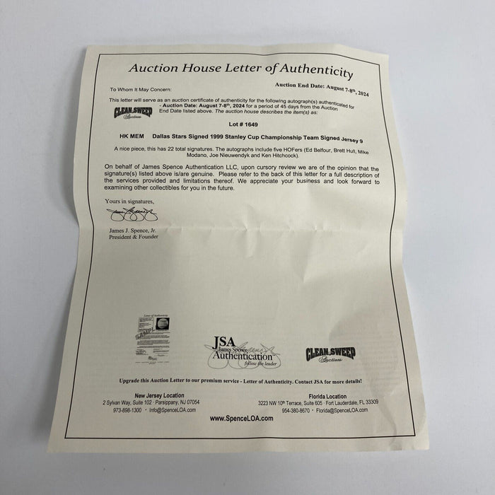 1999 Dallas Stars NHL Stanley Cup Champs Team Signed Jersey With JSA COA