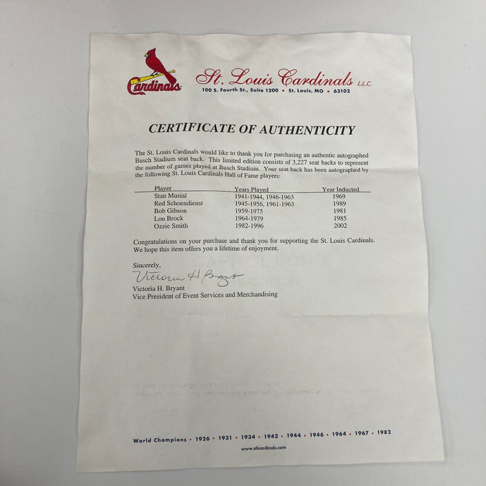 Stan Musial Bob Gibson Lou Brock Ozzie Signed St. Louis Cardinals Seatback JSA