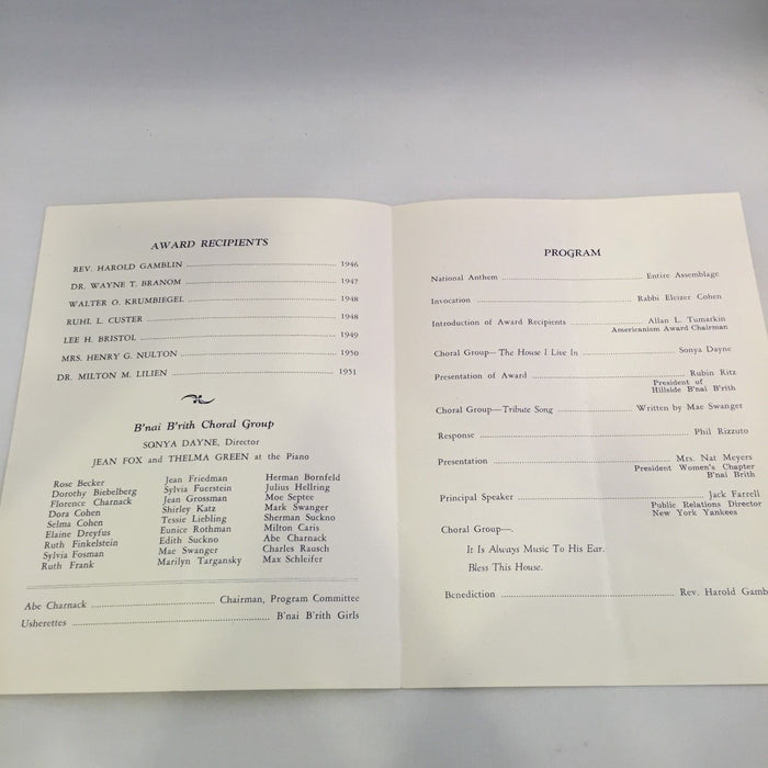 1952 Phil Rizzuto Signed Autographed B'nai Brith Awards Program PSA DNA