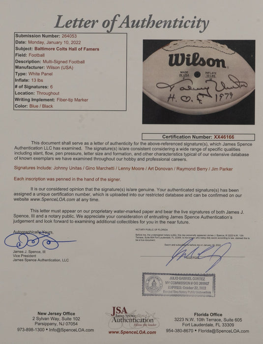 Johnny Unitas Lenny Moore Art Donovan Raymond Berry Colts Signed Football JSA