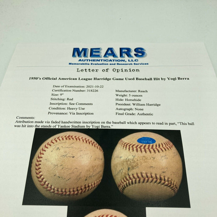 1950's Game Used American League Baseball Actually Hit By Yogi Berra MEARS COA