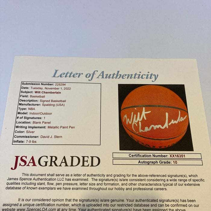 Beautiful Wilt Chamberlain Signed Spalding NBA Basketball JSA Graded GEM MINT 10