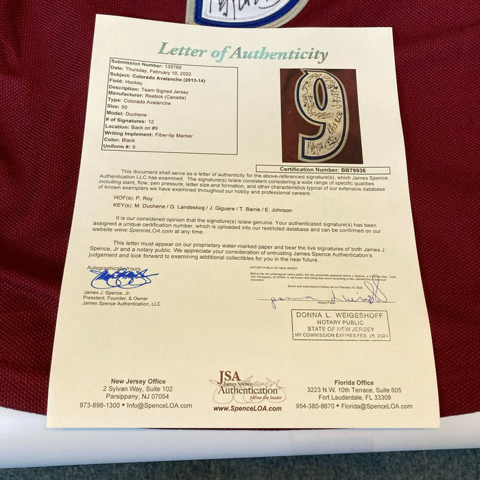 2013-14 Colorado Avalanche Team Signed Game Model Jersey Patrick Roy JSA COA