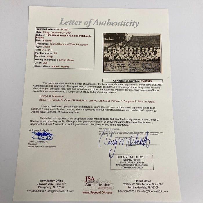 1960 Pittsburgh Pirates World Series Champs Team Signed 8x10 Framed Photo JSA