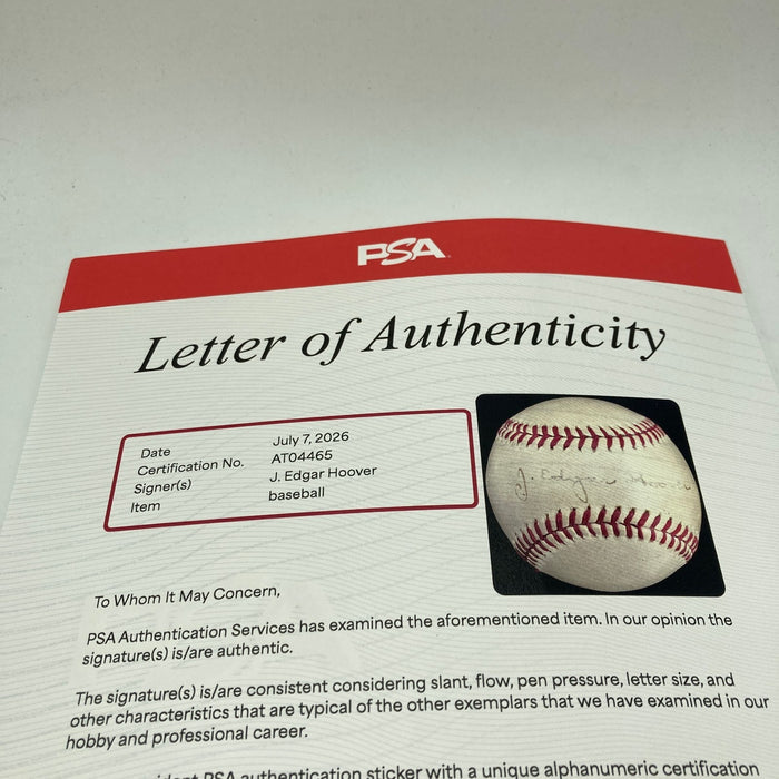J. Edgar Hoover Single Signed 1930's Baseball The Only One Known PSA & Beckett