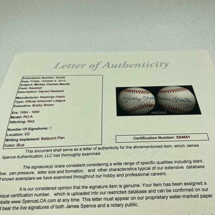 Mickey Charles Mantle Signed American League Baseball Mint Autograph JSA COA