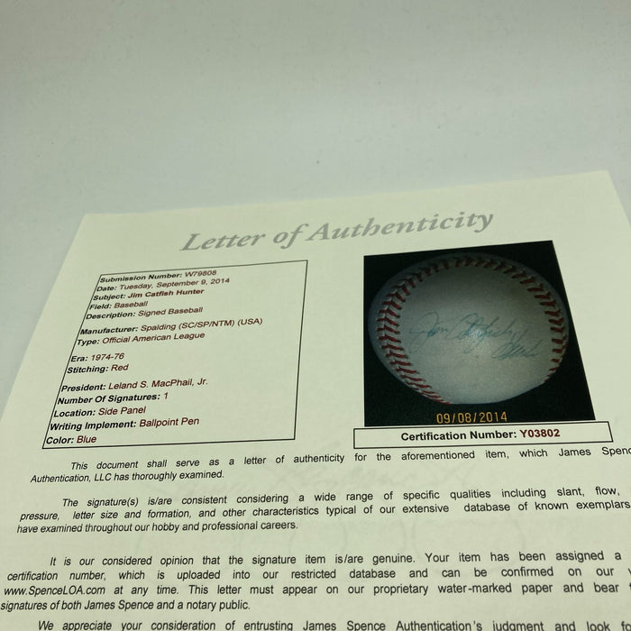 Jim Catfish Hunter Signed Vintage American League Macphail Baseball JSA COA