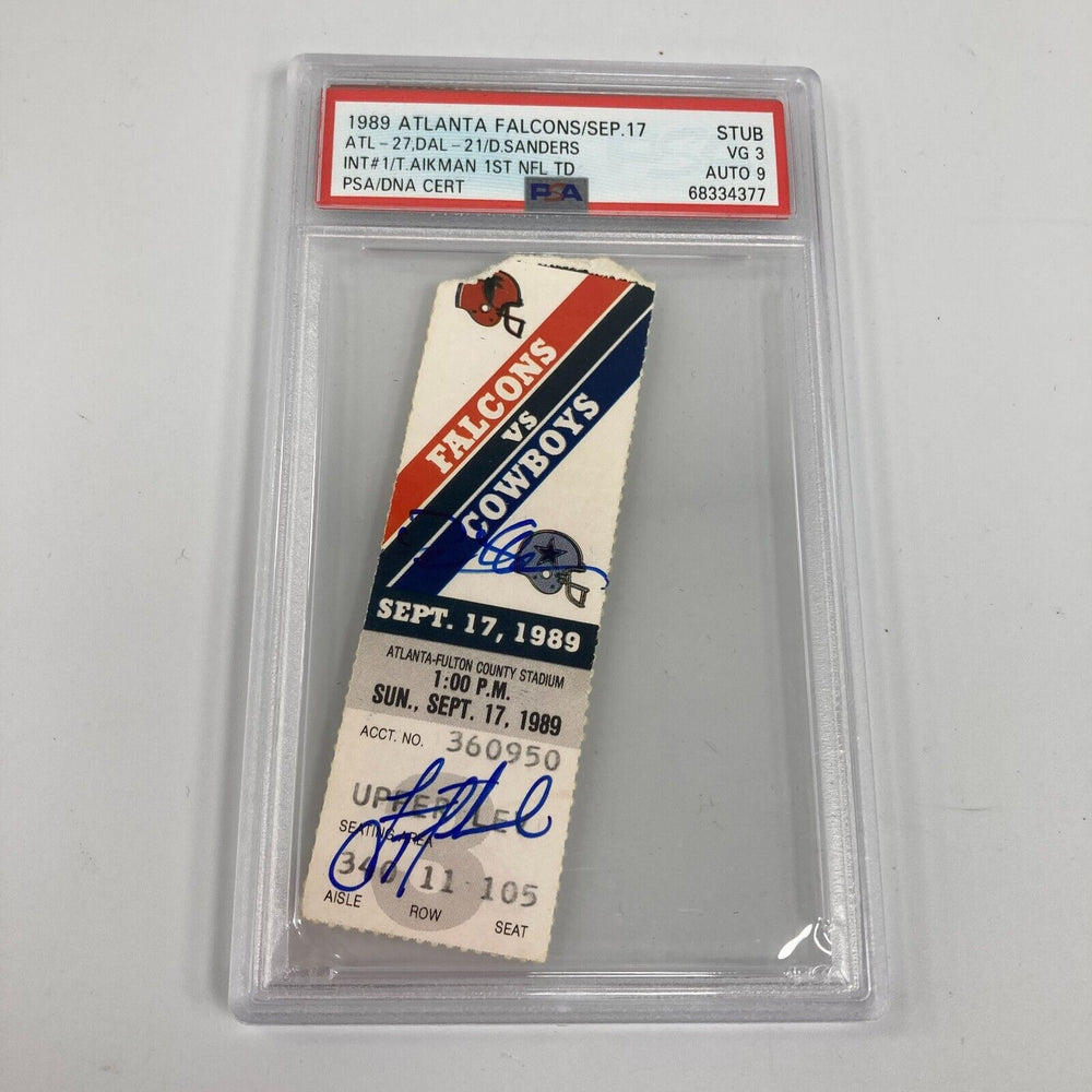 Troy Aikman First Touchdown & Deion Sanders First Interception Signed Ticket PSA