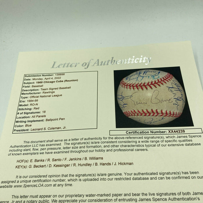 1969 Chicago Cubs Team Signed Baseball Ernie Banks Billy Williams Santo JSA COA