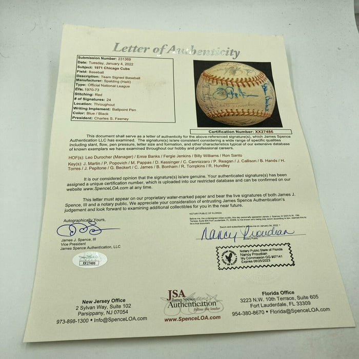 1971 Chicago Cubs Team Signed National League Baseball JSA COA Ernie Banks