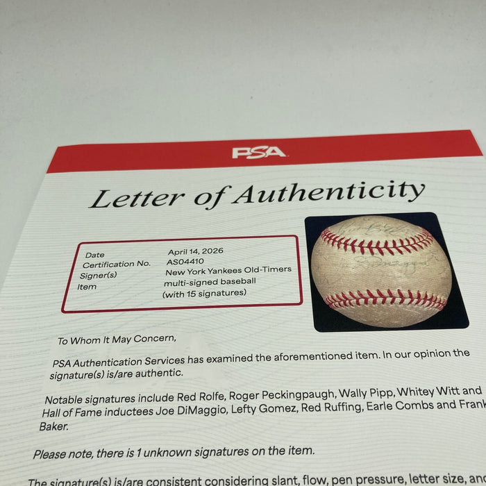 Joe Dimaggio Frank Baker Bob Shawkey Earle Combs Red Rolfe Signed Baseball PSA