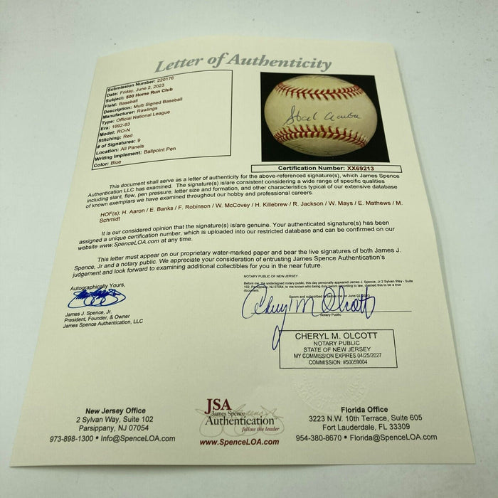 Willie Mays Hank Aaron Ernie Banks 500 Home Run Signed Baseball JSA COA