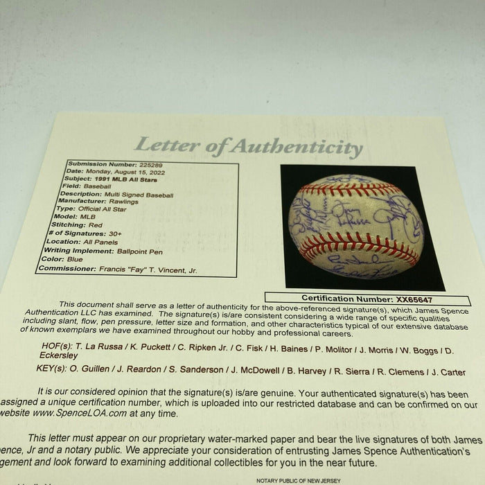 1991 All Star Game Team Signed Baseball Cal Ripken Jr. Kirby Puckett JSA COA