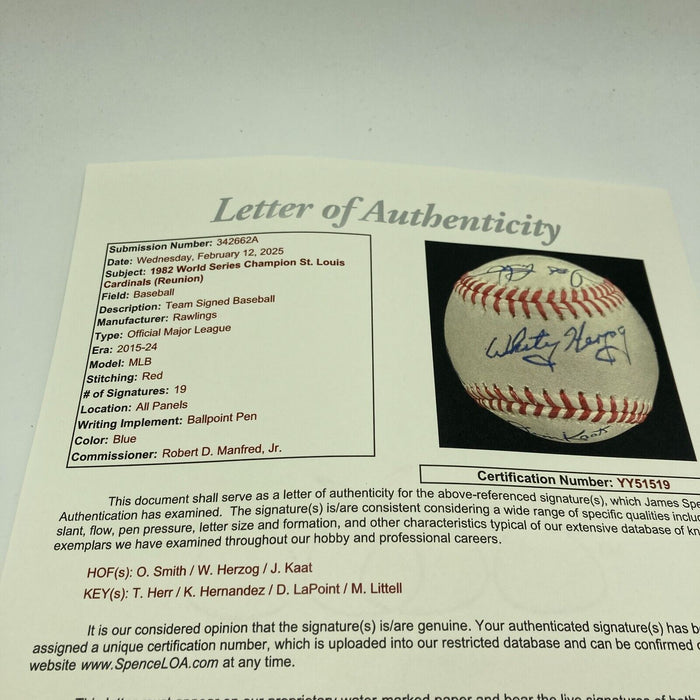 1982 St Louis Cardinals World Series Champs Team Signed MLB Baseball JSA COA