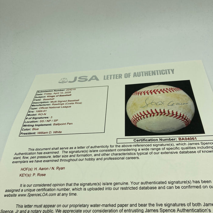 Hank Aaron Nolan Ryan Pete Rose Kings Of Baseball Signed Baseball JSA COA