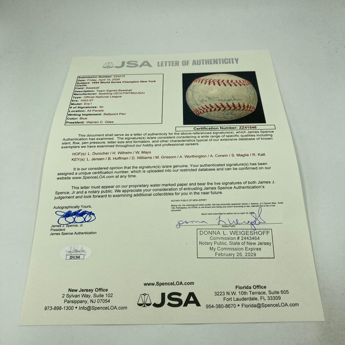 1954 New York Giants World Series Champs Team Signed Baseball Willie Mays JSA