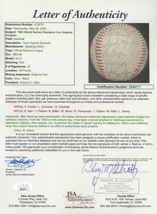 1963 Los Angeles Dodgers World Series Champs Team Signed Baseball Koufax JSA COA