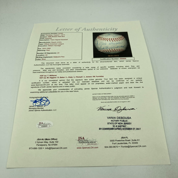 Ted Williams 1958 Boston Red Sox Team Signed American League Baseball JSA COA
