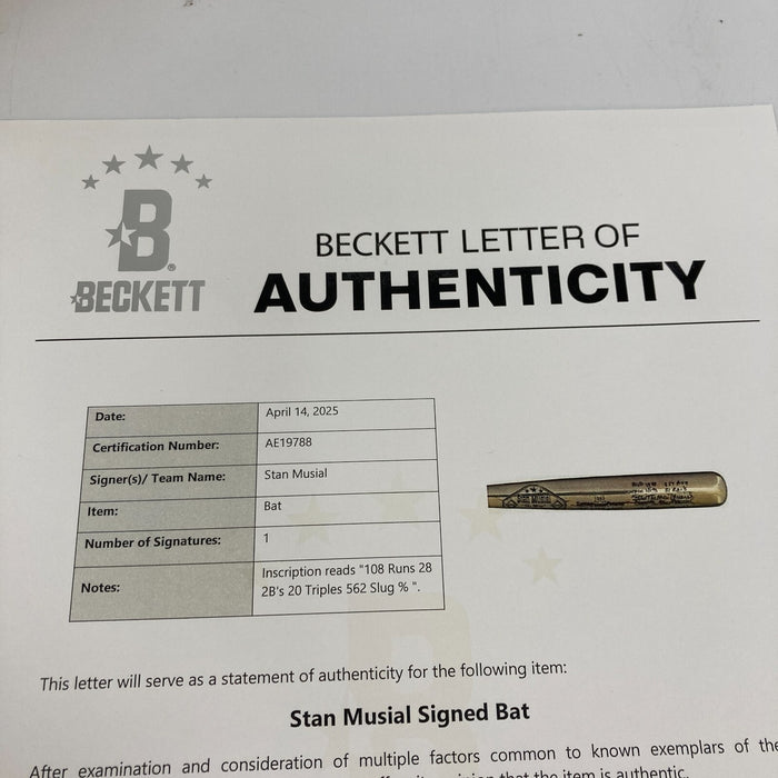 Stan Musial Batting Champion Signed Inscribed STATS Silver Baseball Bat Beckett