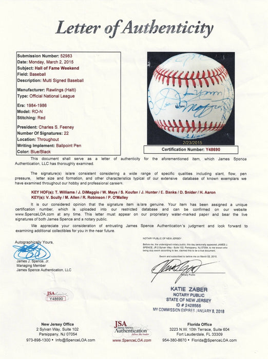 Joe DiMaggio Ted Williams Willie Mays Sandy Koufax HOF Signed Baseball JSA COA