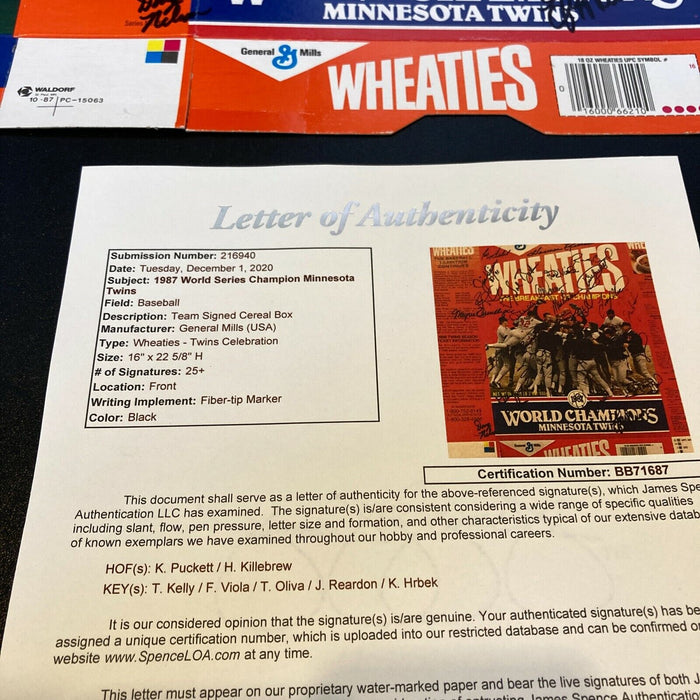 1987 Minnesota Twins World Series Champs Team Signed Wheaties Box With JSA COA
