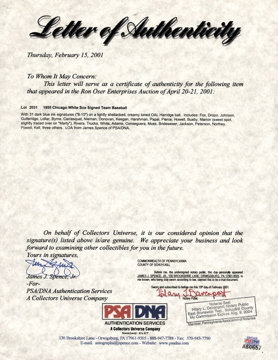 Beautiful 1955 Chicago White Sox Team Baseball Nellie Fox PSA DNA COA