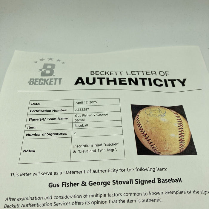 George Stovall & Gus Fisher Signed 1911 American League Baseball Indians Beckett