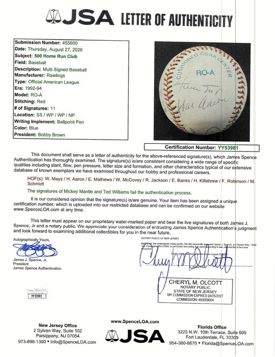 500 Home Run Signed Baseball Willie Mays Hank Aaron Ernie Banks JSA COA