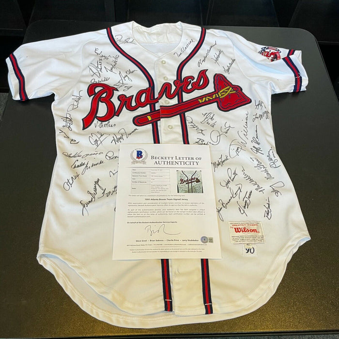 1991 Atlanta Braves NL Champs Team Signed Game Used Jersey 42 Sigs Beckett COA