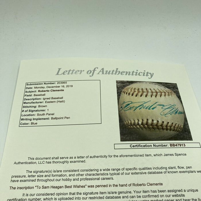 Beautiful Roberto Clemente Single Signed Baseball With JSA COA