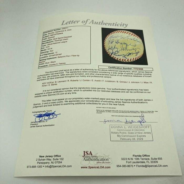 1970's HOF Multi Signed Baseball Freddie Lindstrom Ernie Banks Earl Averill JSA