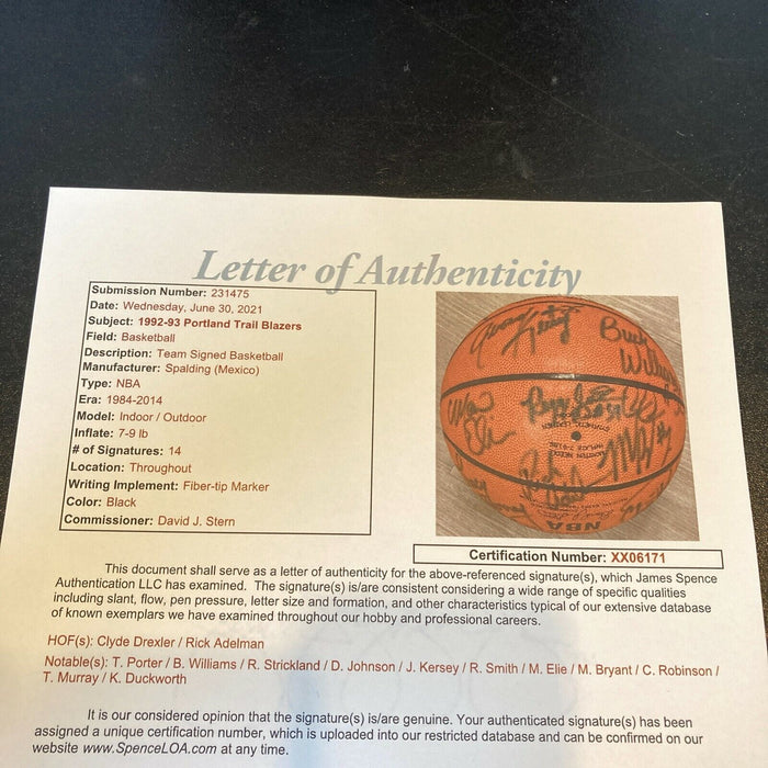 1992-93 Portland Trail Blazers Team Signed NBA Basketball Clyde Drexler JSA COA