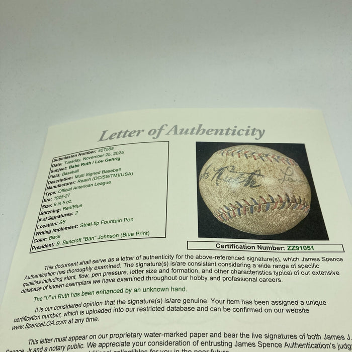 Babe Ruth & Lou Gehrig Dual Signed 1927 Official American League Baseball JSA