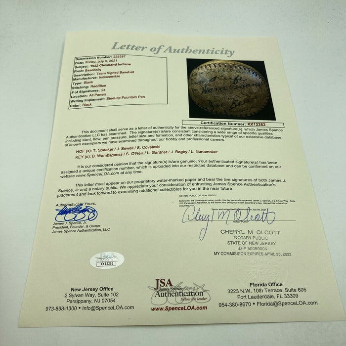 Historic 1922 Cleveland Indians Team Signed Baseball With Tris Speaker JSA COA
