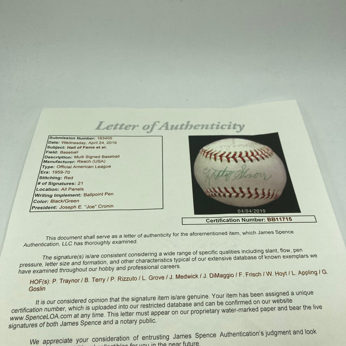 Pie Traynor Lefty Grove Joe Dimaggio Hall Of Fame Multi Signed Baseball JSA