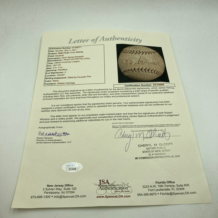 Babe Ruth & Lou Gehrig Dual Signed Official American League Baseball JSA COA