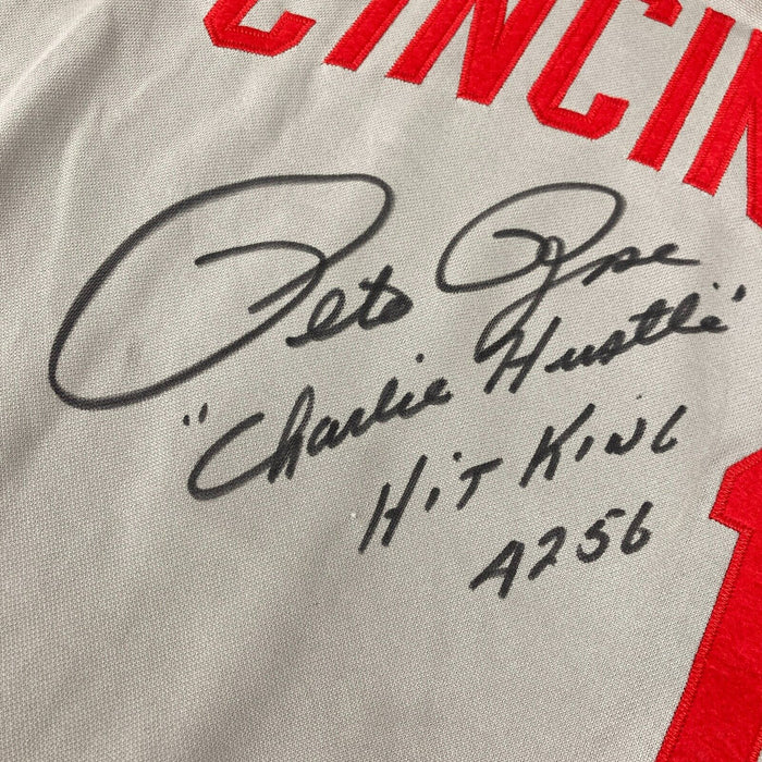 Pete Rose "Charlie Hustle Hit King 4256" Signed Cincinnati Reds Jersey JSA COA
