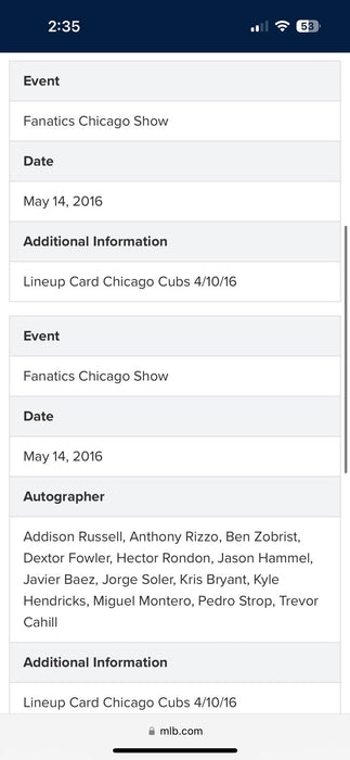 2016 Chicago Cubs World Series Champs Team-Signed Game Used Lineup Card MLB Auth