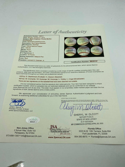 1997 World Series Game 7 Signed Florida Marlins Baseball Owner & Execs JSA COA