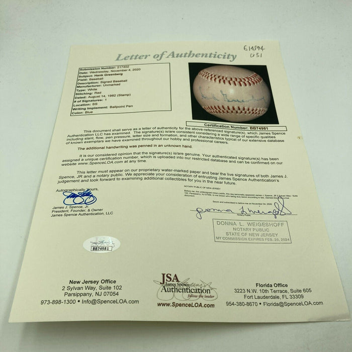Hank Greenberg Single Signed Autographed Baseball With JSA COA