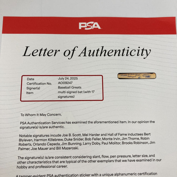 Hall Of Fame Multi Signed Cooperstown Baseball Bat 17 Sigs PSA DNA COA