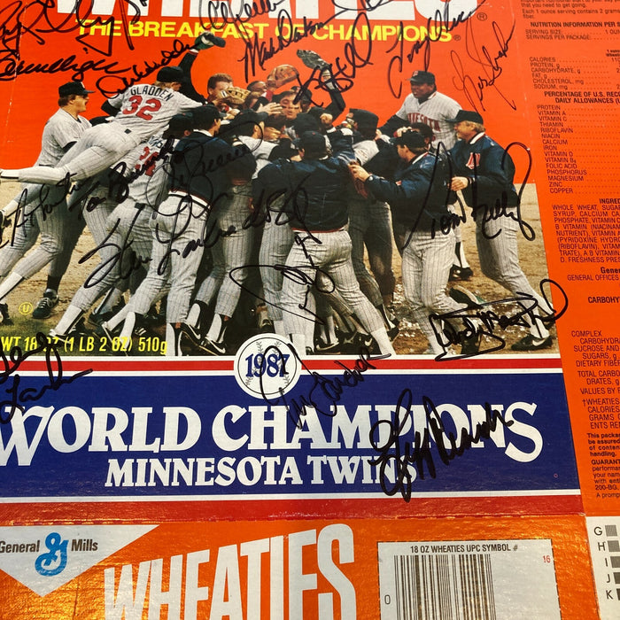 1987 Minnesota Twins World Series Champs Team Signed Wheaties Box With JSA COA