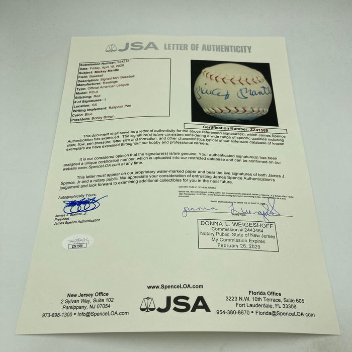 Rare Mickey Mantle Signed Art Mini American League Baseball JSA COA