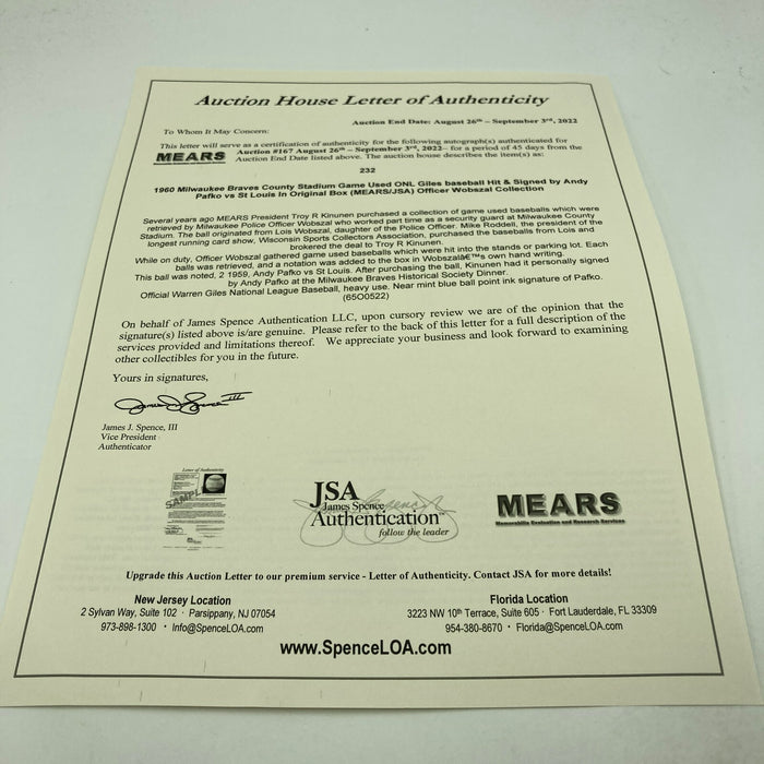 Andy Pafko Signed 1960 Game Used Actual Hit Baseball Milwaukee Braves JSA COA