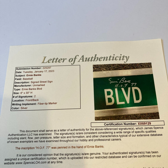 Ernie Banks Twice Signed 6x30 Street Sign Ernie Banks BLVD JSA COA