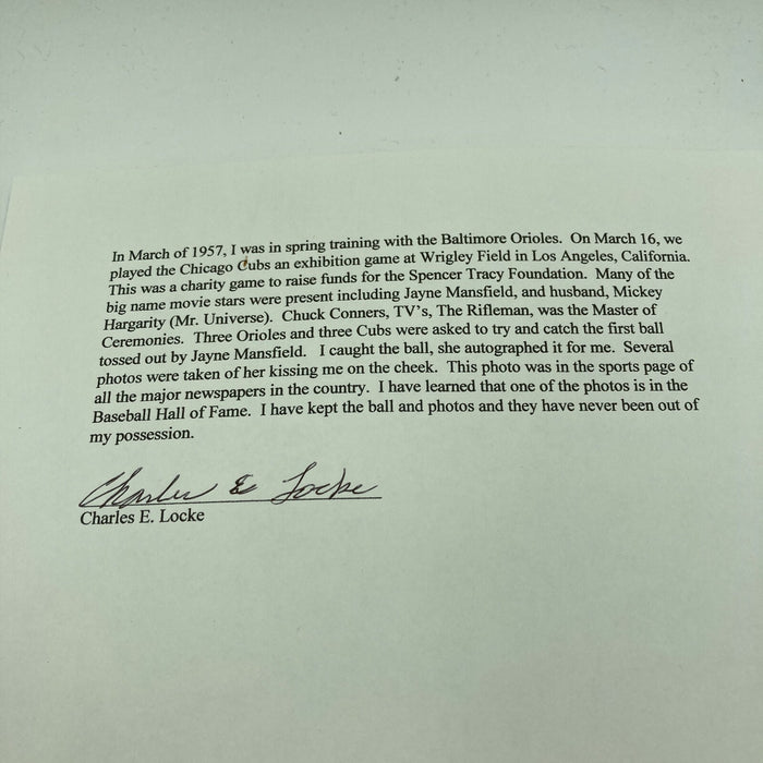 Extraordinary Jayne Mansfield Single Signed Autographed 1950's Baseball JSA COA