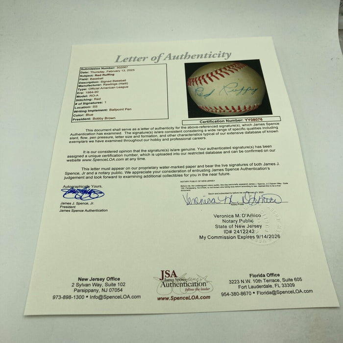 Red Ruffing Single Signed American League Baseball RARE JSA COA