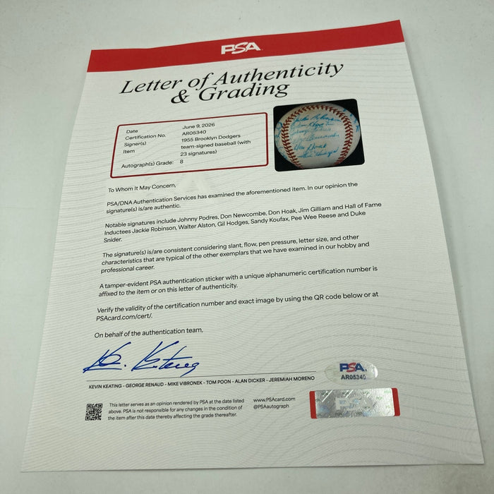 The Finest 1955 Brooklyn Dodgers Team Signed Baseball Jackie Robinson PSA DNA 8