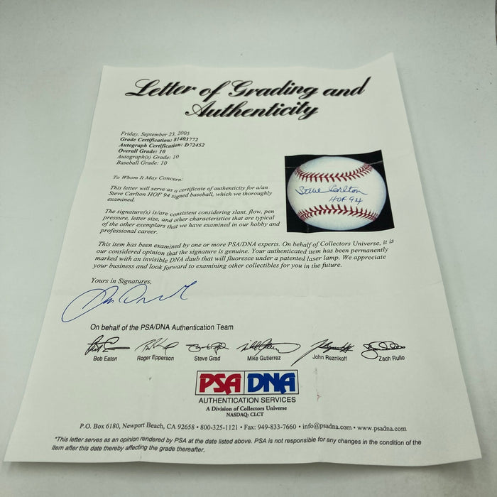 Steve Carlton HOF 1994 Signed Major League Baseball PSA DNA Graded 10 GEM MINT